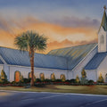 Coastal Church Sunset Mural Wallpaper — Warm Watercolor Landscape Mural Wallpaper - room preview 04