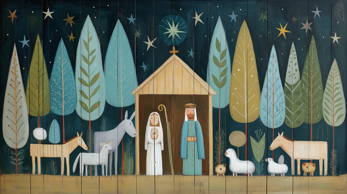 Stylized Nativity Forest Mural Wallpaper —Folk Art Woodland Scene Mural Wallpaper - room preview 04