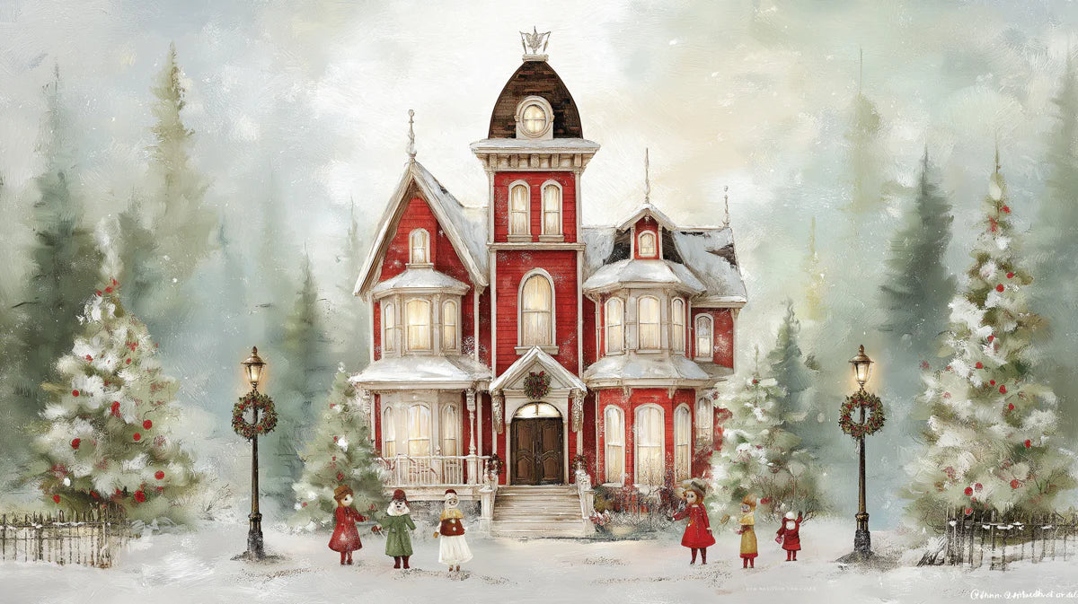 Victorian Mansion Winter Scene Mural Wallpaper — Festive Holiday Art Mural Wallpaper - room preview 04