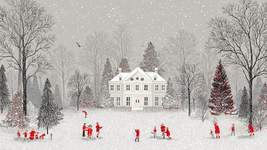 Landscape Wallpaper Mural – Scenery Wall Mural – Winter Mansion Landscape — Whimsical Red Accents printable artwork