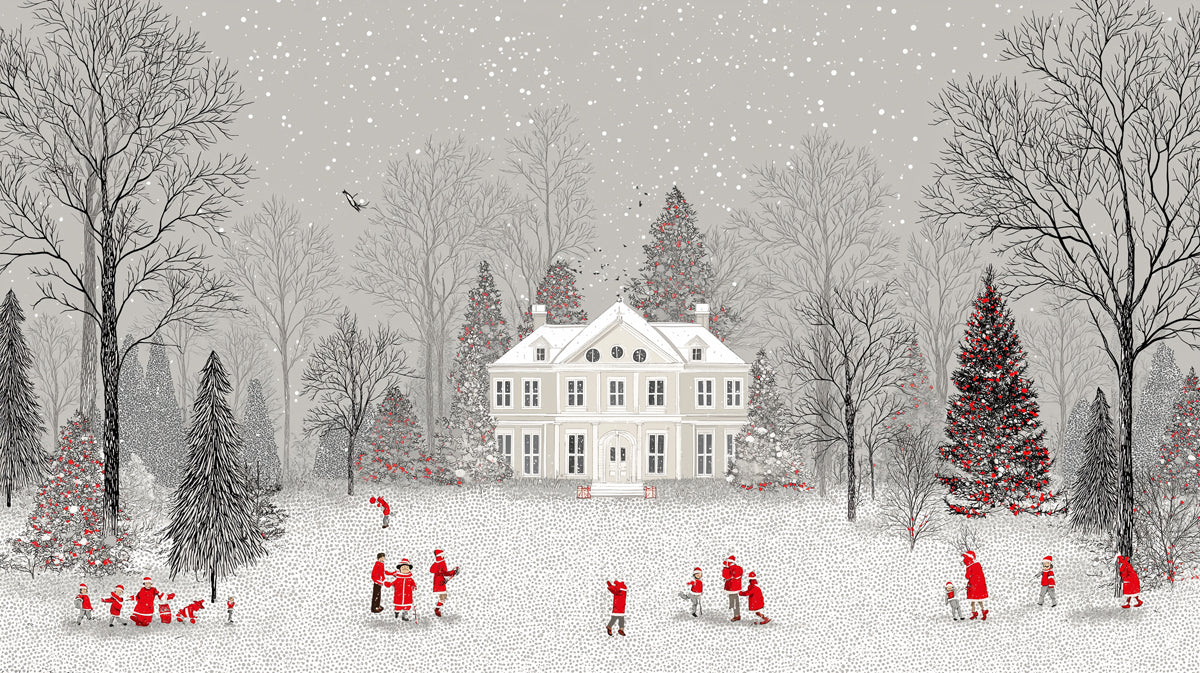Winter Mansion Landscape Mural Wallpaper — Whimsical Red Accents Mural Wallpaper - room preview 04