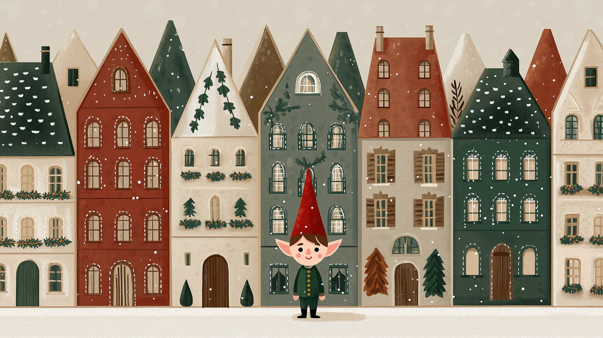 Nordic Row House and Elf Mural Wallpaper — Whimsical Winter Scene Mural Wallpaper - room preview 04