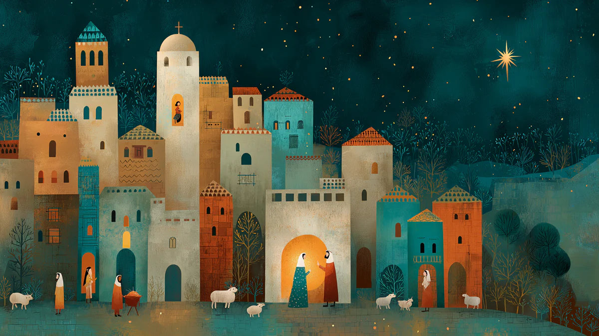 Bethlehem Night Mural Wallpaper — Folk Art Townscape Scene Mural Wallpaper - room preview 04