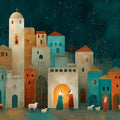 Bethlehem Night Mural Wallpaper — Folk Art Townscape Scene Mural Wallpaper - room preview 04