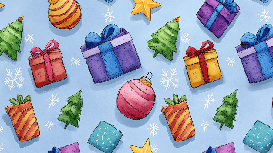 Kids Room Wallpaper Mural – Children Wall Mural – Watercolor Holiday Gifts — Playful Festive Pattern printable artwork