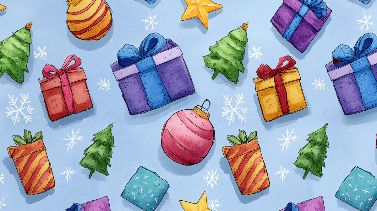 Watercolor Holiday Gifts Mural Wallpaper — Playful Festive Pattern Mural Wallpaper - room preview 04