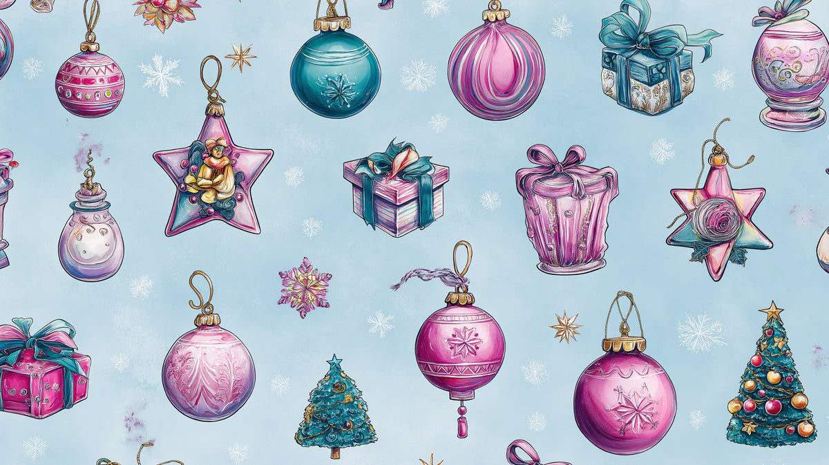 Whimsical Holiday Ornament Mural Wallpaper — Watercolor Blue & Pink Mural Wallpaper - room preview 04