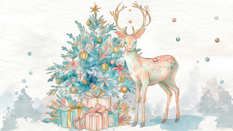 Watercolor Wallpaper Mural – Watercolour Wall Mural – Watercolor Deer and Festive Tree Whimsical Art printable artwork