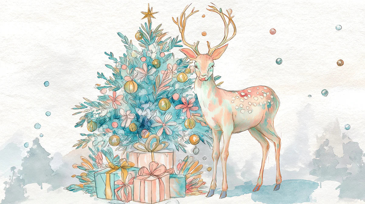 Watercolor Deer and Festive Tree Mural Wallpaper Whimsical Art Mural Wallpaper - room preview 04