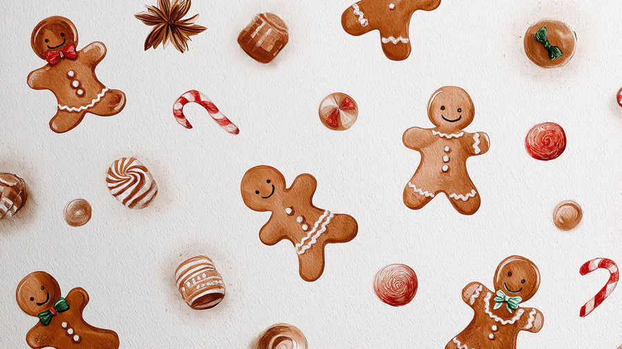 Watercolor Wallpaper Mural – Watercolour Wall Mural – Watercolor Gingerbread and Candy Holiday printable artwork