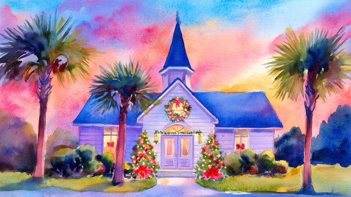 Tropical Christmas Church Watercolor Mural Wallpaper - room preview 04