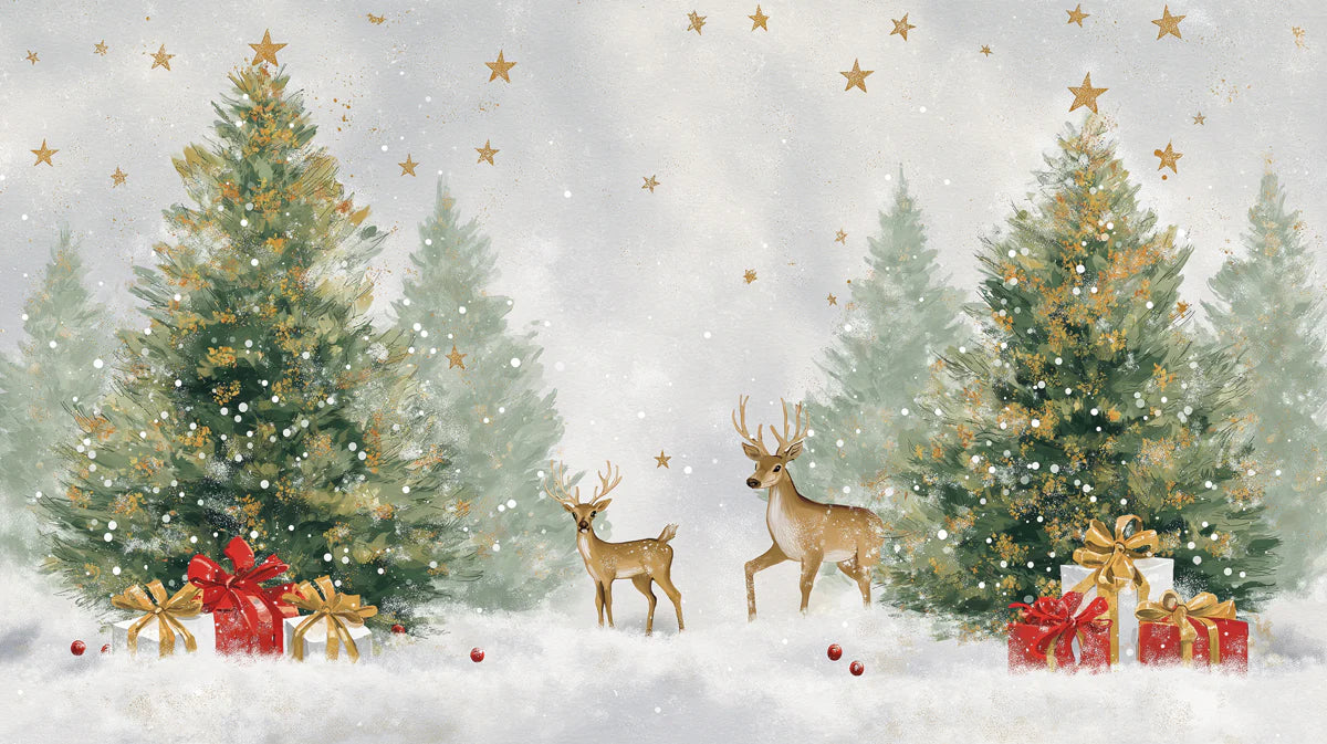 Winter Forest Deer Mural Wallpaper — Festive Gold and Green Scene Mural Wallpaper - room preview 04