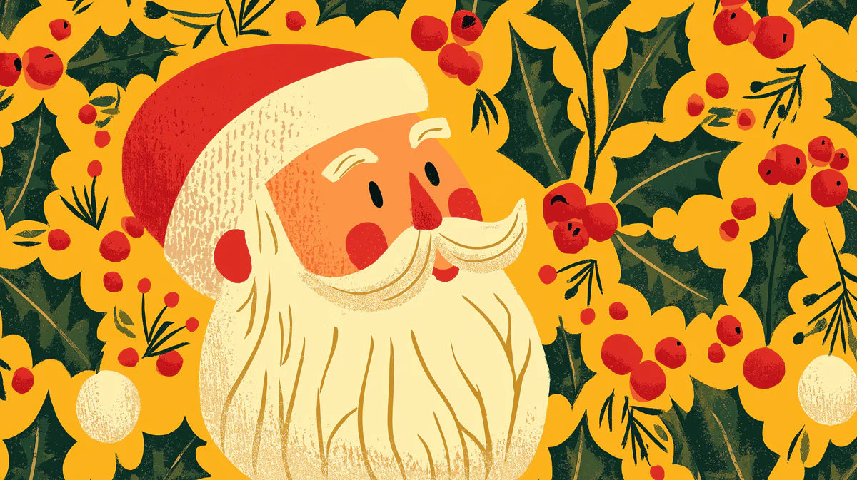 Retro Santa and Holly Mural Wallpaper —Festive Pop Art Style Mural Wallpaper - room preview 04