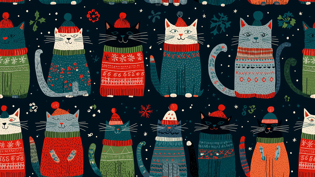 Festive Winter Cats Mural Wallpaper — Whimsical Holiday Pattern Mural Wallpaper - room preview 04