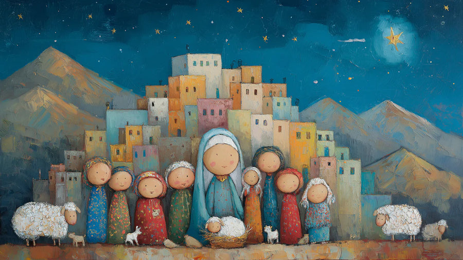 Kids Room Wallpaper Mural – Children Wall Mural – Stylized Folk Art Nativity Scene Whimsical Townscape printable artwork