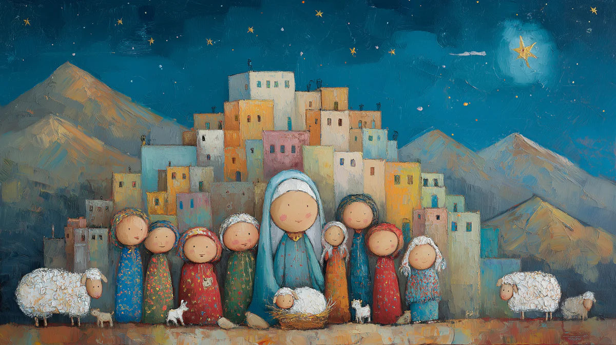 Stylized Folk Art Nativity Scene Mural Wallpaper Whimsical Townscape Mural Wallpaper - room preview 04