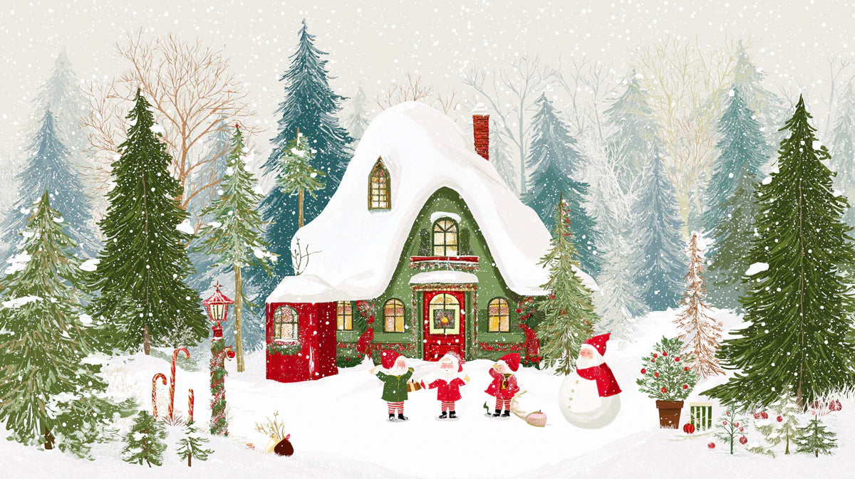Winter Forest Cottage Mural Wallpaper — Whimsical Holiday Scene Mural Wallpaper - room preview 04
