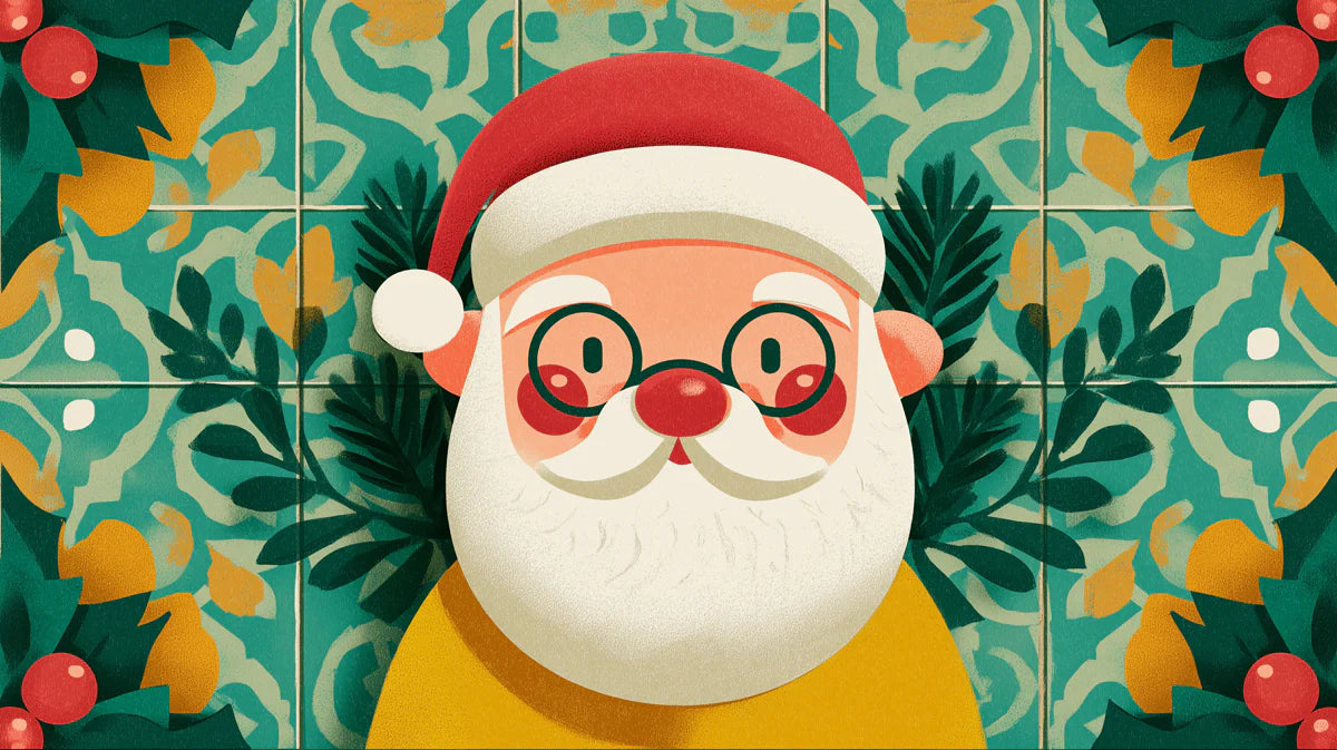 Santa Face and Portuguese Tile Mural Wallpaper — Whimsical Holiday Mural Wallpaper - room preview 04