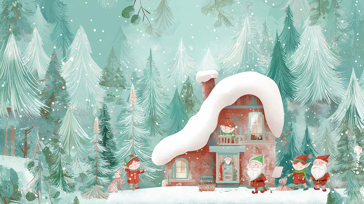 Snowy Elf Cottage Winter Mural Wallpaper — Whimsical Storybook Scene Mural Wallpaper - room preview 04