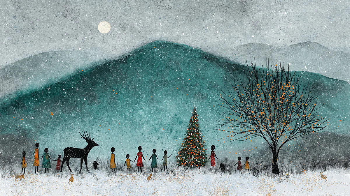 Winter Mountain Celebration Mural Wallpaper — Whimsical Teal Scene Mural Wallpaper - room preview 04