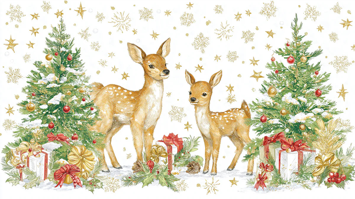 Deer and Holiday Tree Mural Wallpaper — Traditional Festive Scene Mural Wallpaper - room preview 04