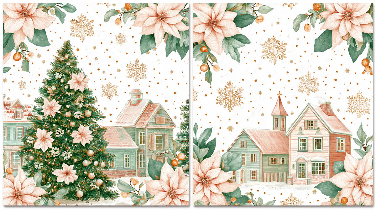 Pastel Winter Village Mural Wallpaper with Poinsettia Accents Mural Wallpaper - room preview 04