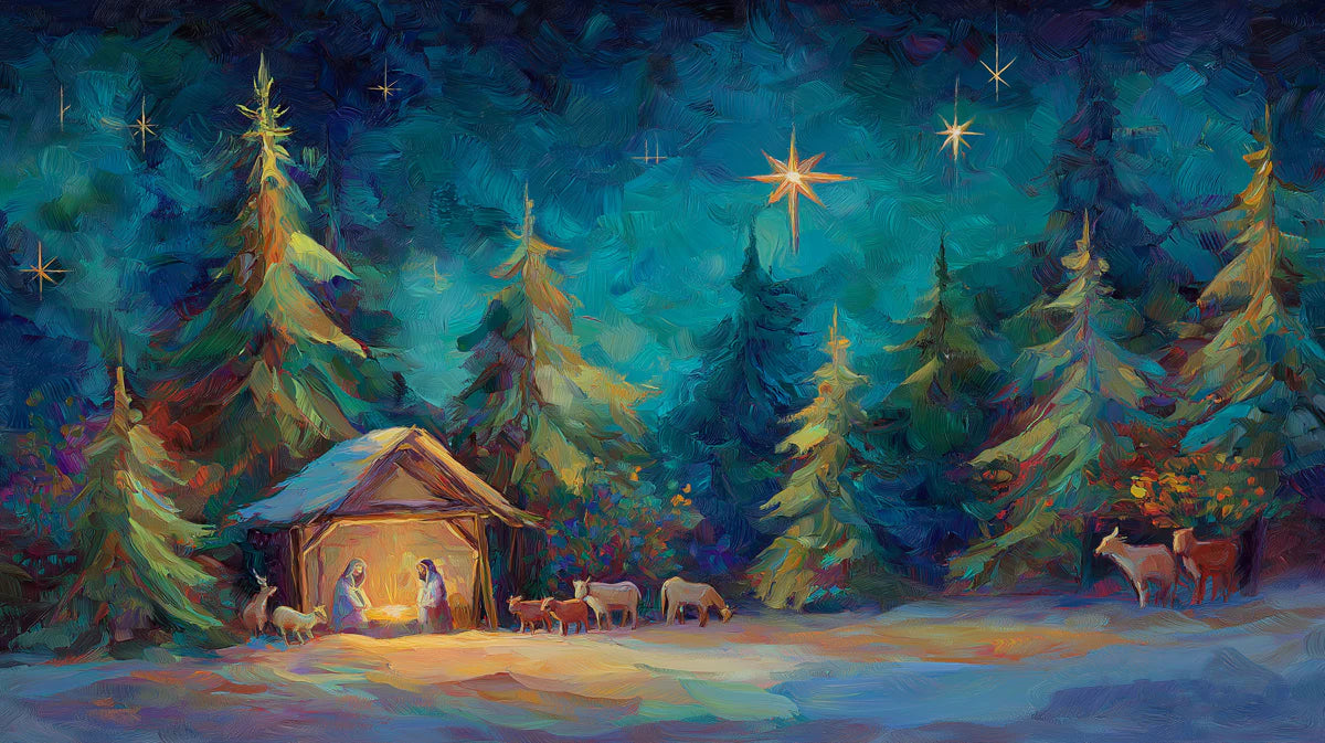 Nativity Oil Painting Mural Wallpaper — Expressive Winter Forest Mural Wallpaper - room preview 04