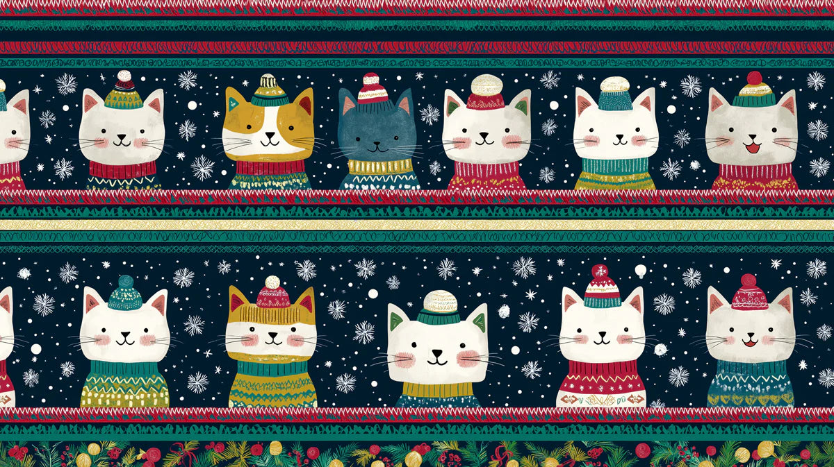 Festive Cat Knit Mural Wallpaper — Whimsical Holiday Striped Pattern Mural Wallpaper - room preview 04