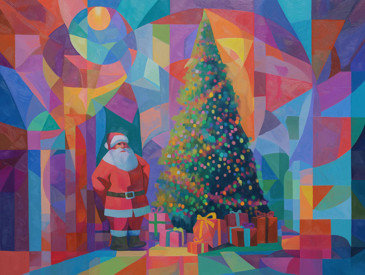 Cubist Holiday Santa Mural Wallpaper — Expressionist Festive Art Mural Wallpaper - room preview 04