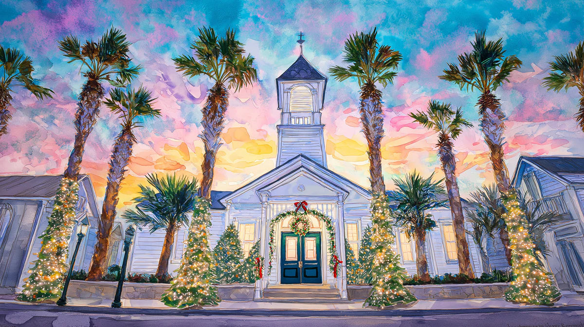Tropical Coastal Church Mural Wallpaper — Artistic Sunset Scene Mural Wallpaper - room preview 04