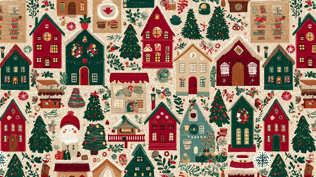 Folk Art Christmas Village Mural Wallpaper — Whimsical Holiday Decor Mural Wallpaper - room preview 04