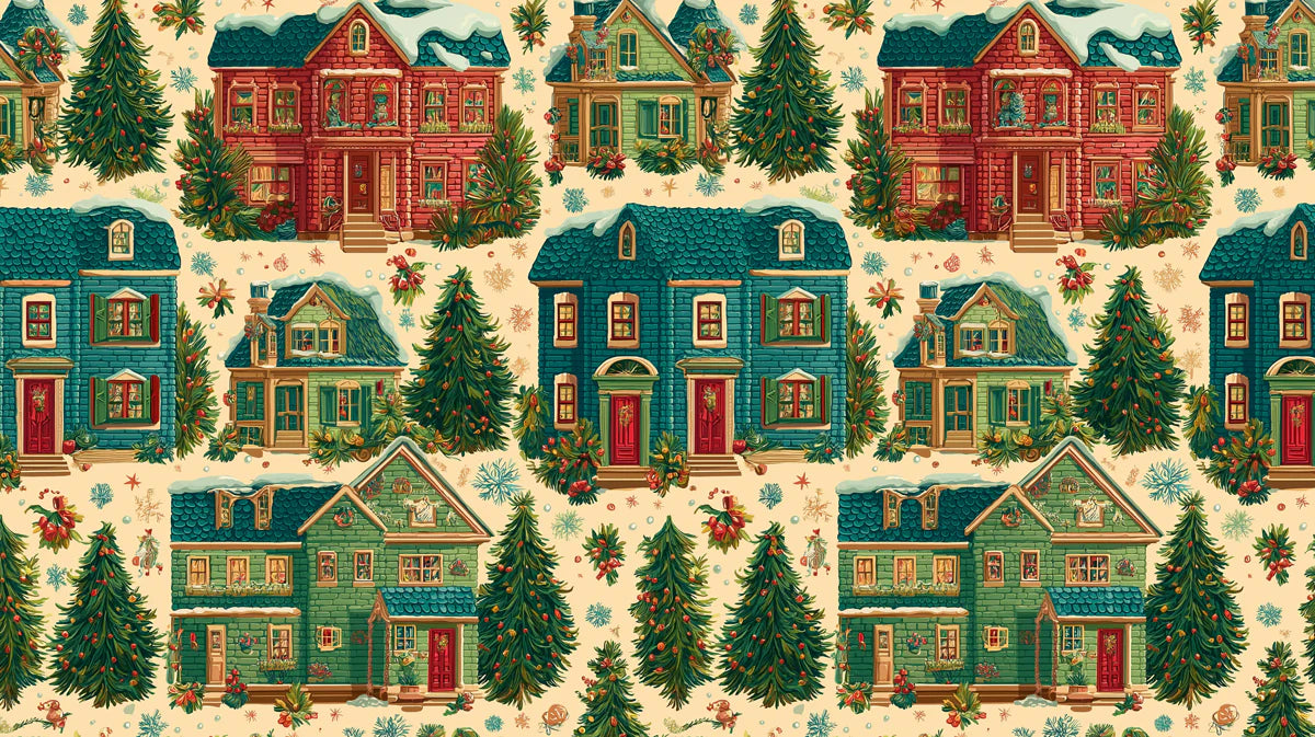 Winter Village Cottage Mural Wallpaper — Nostalgic Holiday Pattern Mural Wallpaper - room preview 04