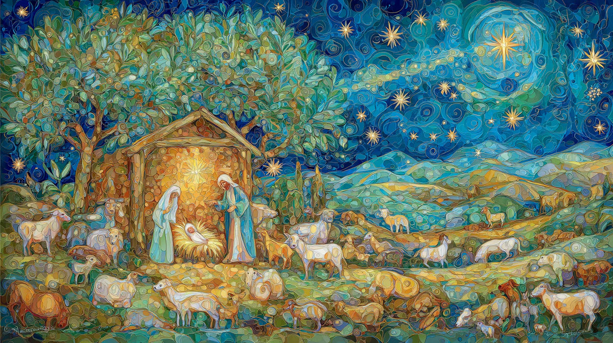 Nativity Mosaic Mural Wallpaper — Starlit Artistic Landscape Mural Wallpaper - room preview 04