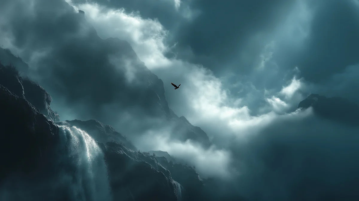 Mist-Covered Waterfall Mural Wallpaper — Moody Teal Mountain Scene Mural Wallpaper - room preview 04