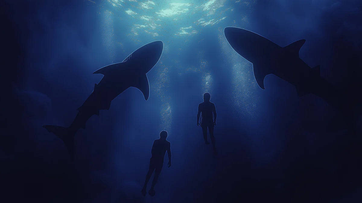 Deep Sea Shark and Swimmer Mural Wallpaper — Moody Underwater Scene Mural Wallpaper - room preview 04