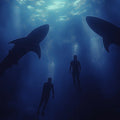 Deep Sea Shark and Swimmer Mural Wallpaper — Moody Underwater Scene Mural Wallpaper - room preview 04