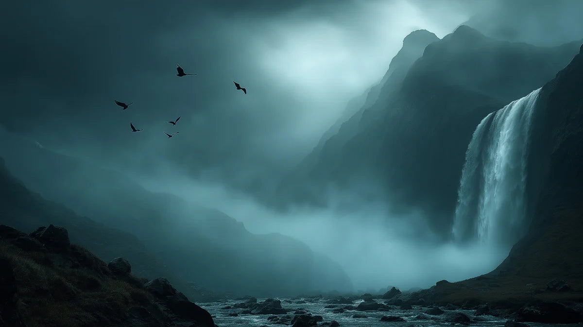 Misty Mountain Waterfall Mural Wallpaper — Cinematic Dark Landscape Mural Wallpaper - room preview 04