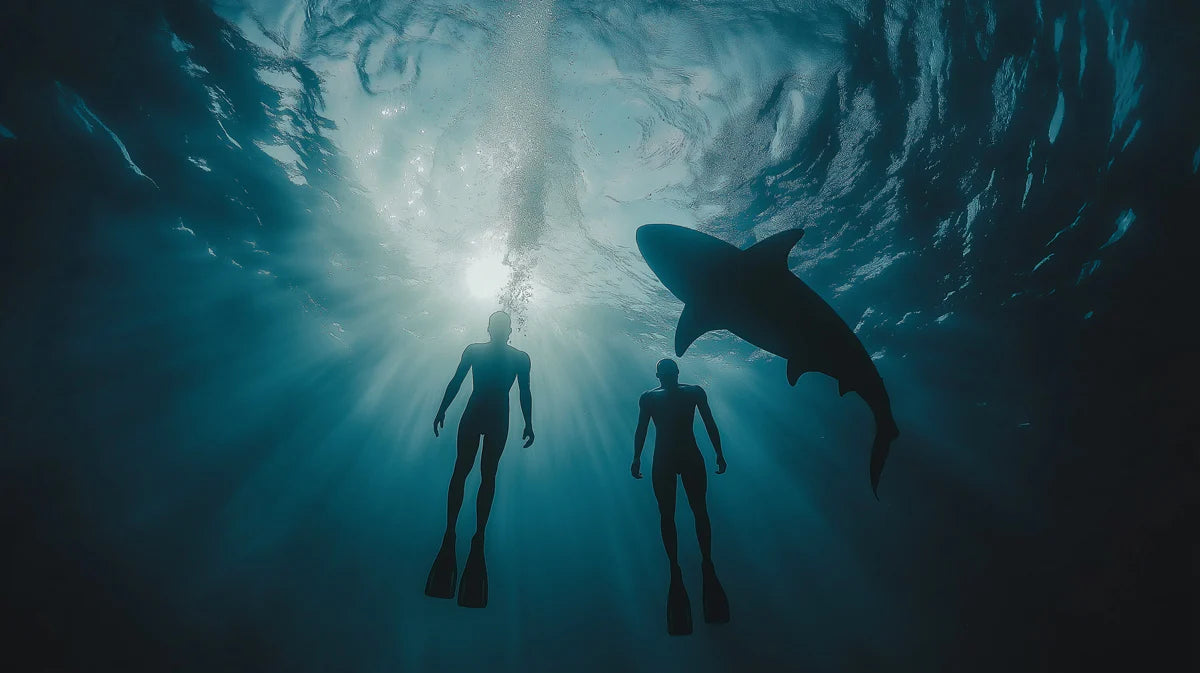 Deep Ocean Shark Silhouette Mural Wallpaper — Cinematic Underwater Mural Wallpaper - room preview 04