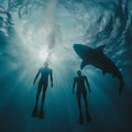 Deep Ocean Shark Silhouette Mural Wallpaper — Cinematic Underwater Mural Wallpaper - room preview 04