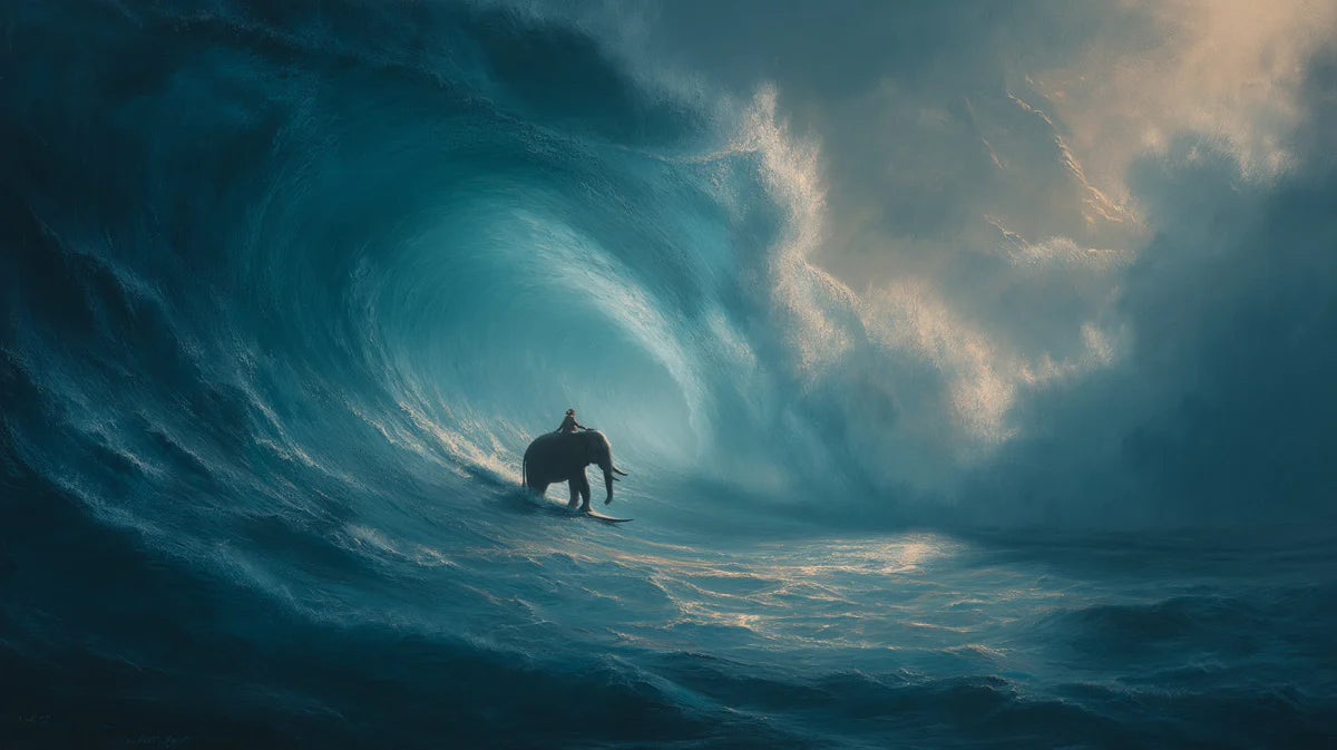 Elephant Surfing Giant Wave Mural Wallpaper — Moody Ocean Scene Mural Wallpaper - room preview 04