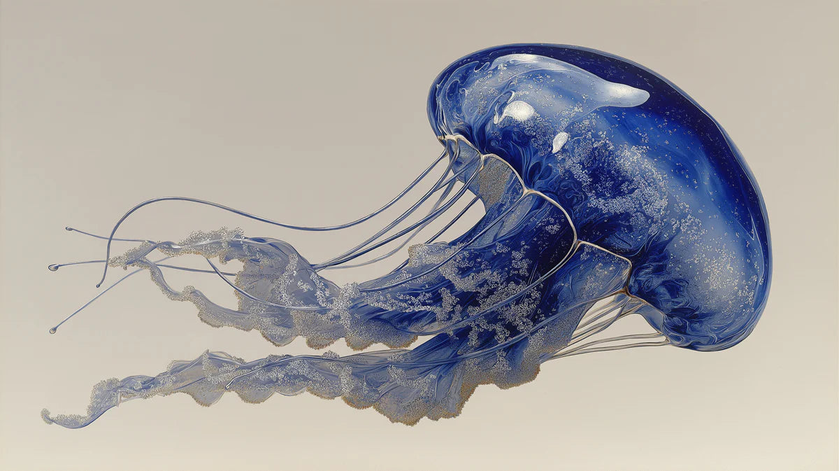 Glassy Jellyfish Mural Wallpaper — Surreal Blue Marine Art Mural Wallpaper - room preview 04