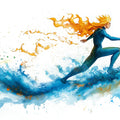 Abstract Surfer Mural Wallpaper with Fiery Hair in Watercolor Mural Wallpaper - room preview 04