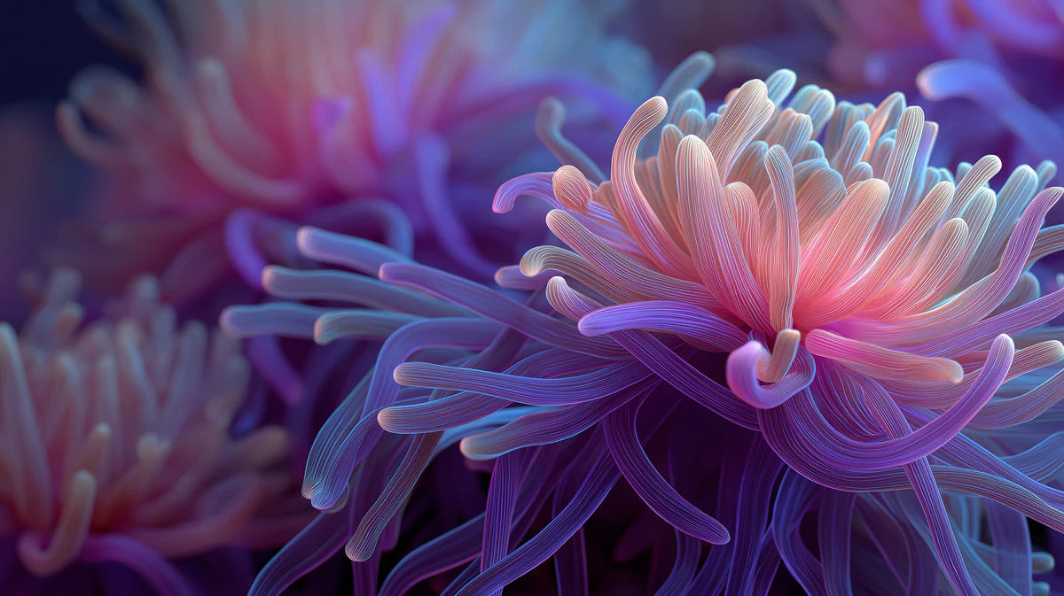Bioluminescent Sea Anemone Mural Wallpaper — Macro Floral Fantasy Mural Wallpaper - room preview 04