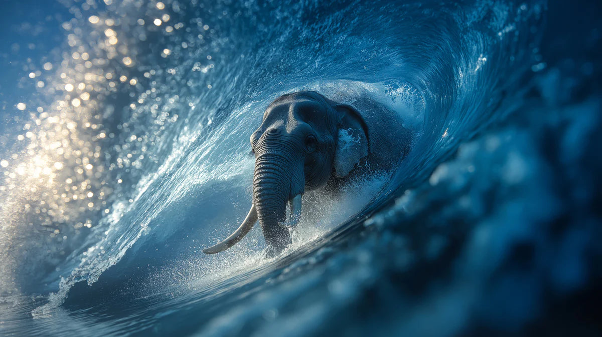 Elephant Surfing Barrel Wave Mural Wallpaper — Energetic Surrealism Mural Wallpaper - room preview 04