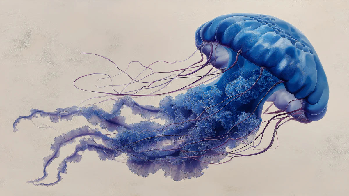 Floating Blue Jellyfish Mural Wallpaper — Abstract Marine Art Mural Wallpaper - room preview 04