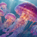 Bioluminescent Jellyfish Swarm Mural Wallpaper — Vibrant Underwater Mural Wallpaper - room preview 04