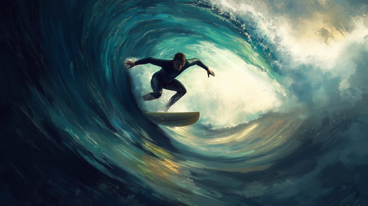 Ocean Surfer Barrel Wave Mural Wallpaper — Moody Cinematic Art Mural Wallpaper - room preview 04