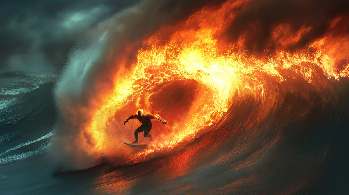 Fiery Barrel Wave Surfing Mural Wallpaper — High-Impact Action Mural Wallpaper - room preview 04