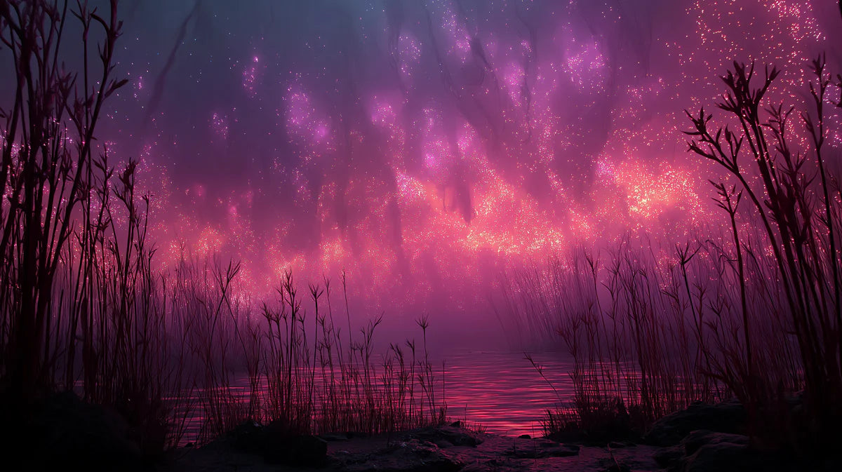 Bioluminescent Marsh Mural Wallpaper — Ethereal Neon Nightscape Mural Wallpaper - room preview 04