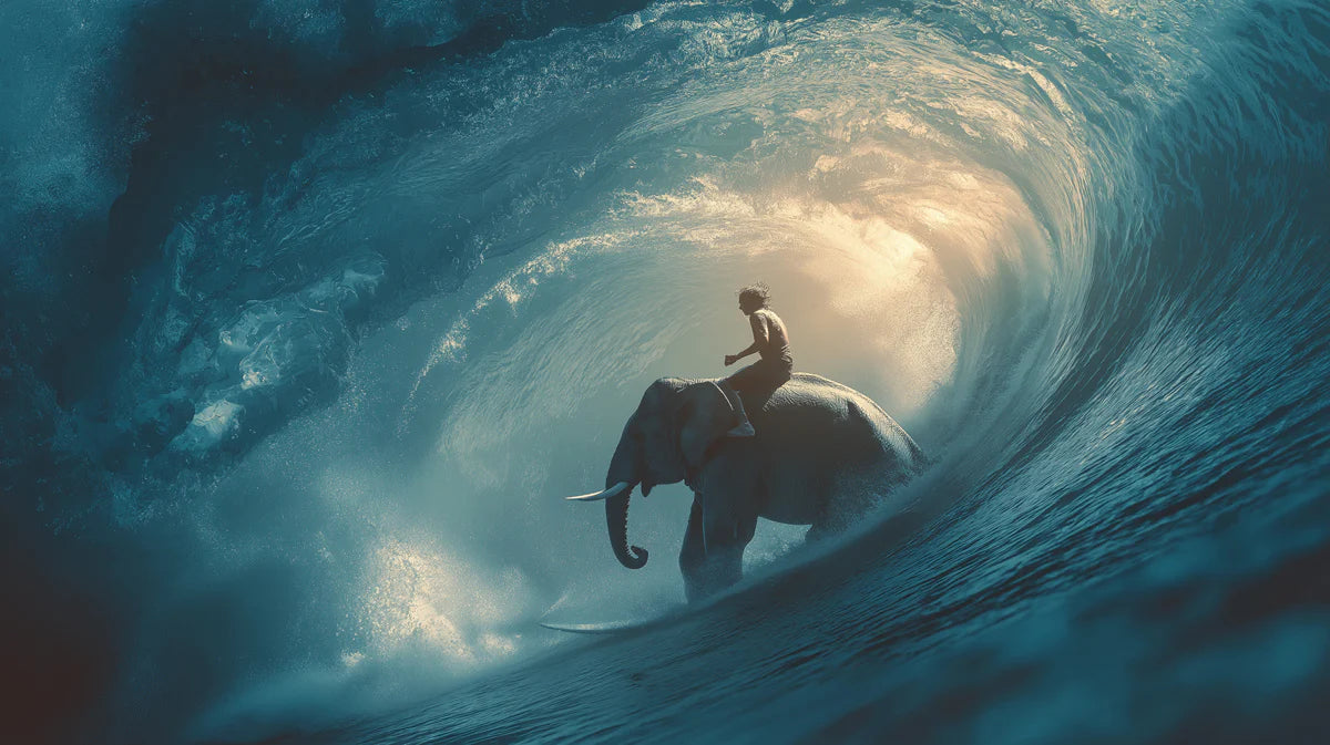 Elephant Rider Wave Mural Wallpaper — Moody Deep Teal Ocean Scene Mural Wallpaper - room preview 04